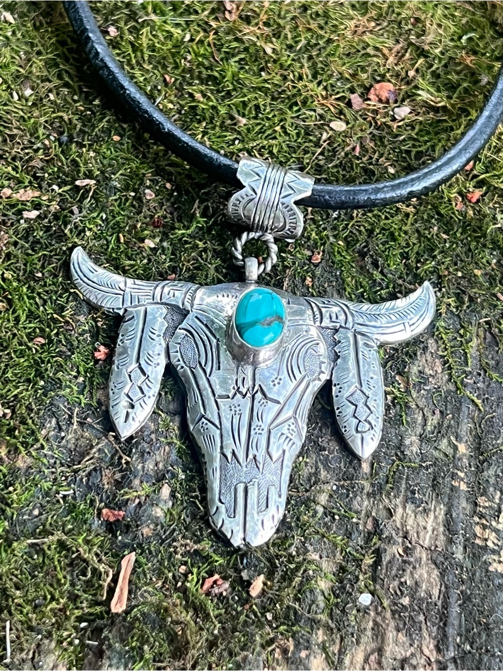 Kingman Turquoise Sterling Silver Longhorn Skull Necklace
